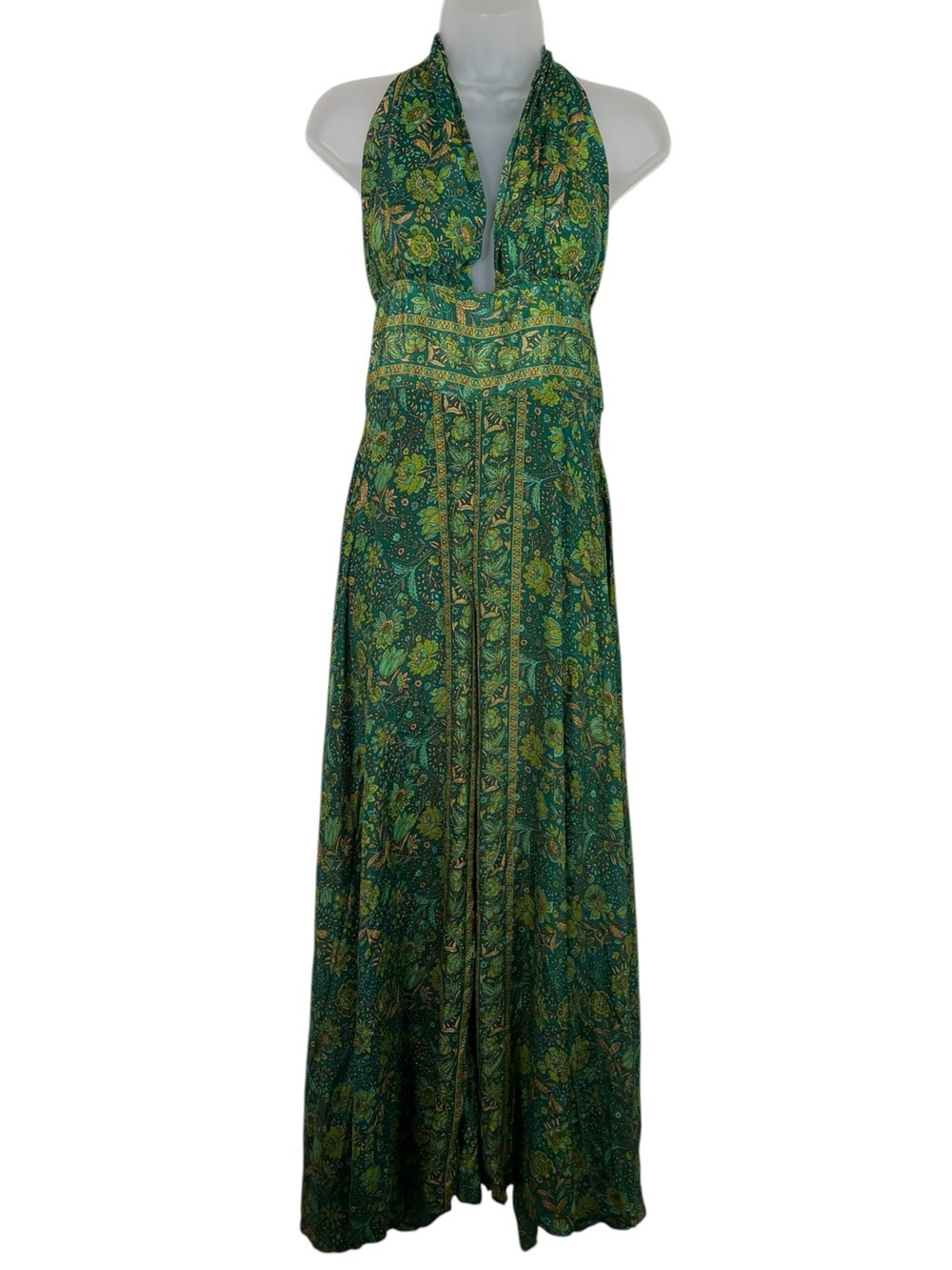Gardenbelle Shop Green Fairycore Floral Wide Leg Halter Neckline Jumpsuit S/M